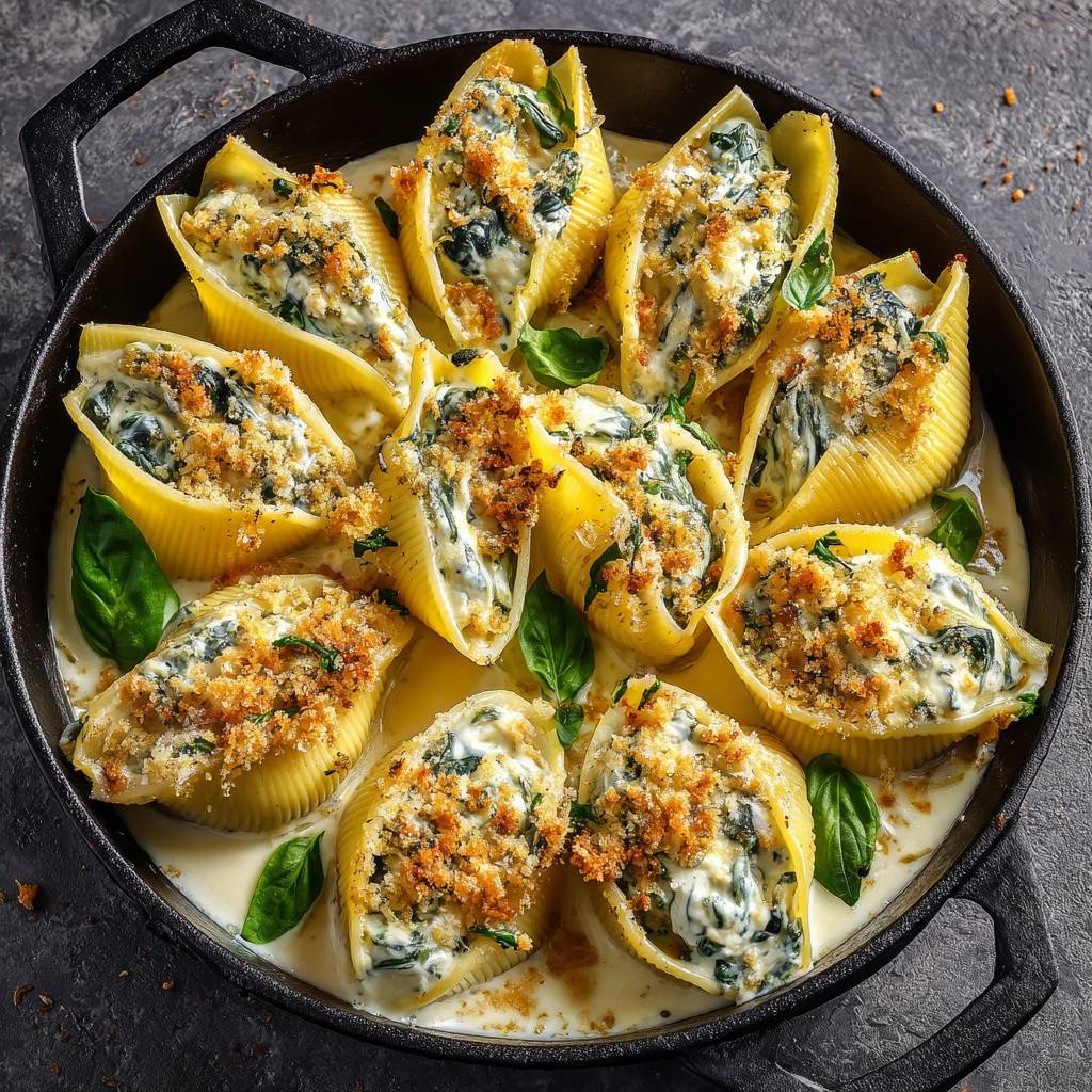 Cremig-überbackene Spinat-Conchiglioni in einer gusseisernen Pfanne, serviert mit frischem Basilikum und knusprigen Bröseln. Eine köstliche Mahlzeit von oben betrachtet.
