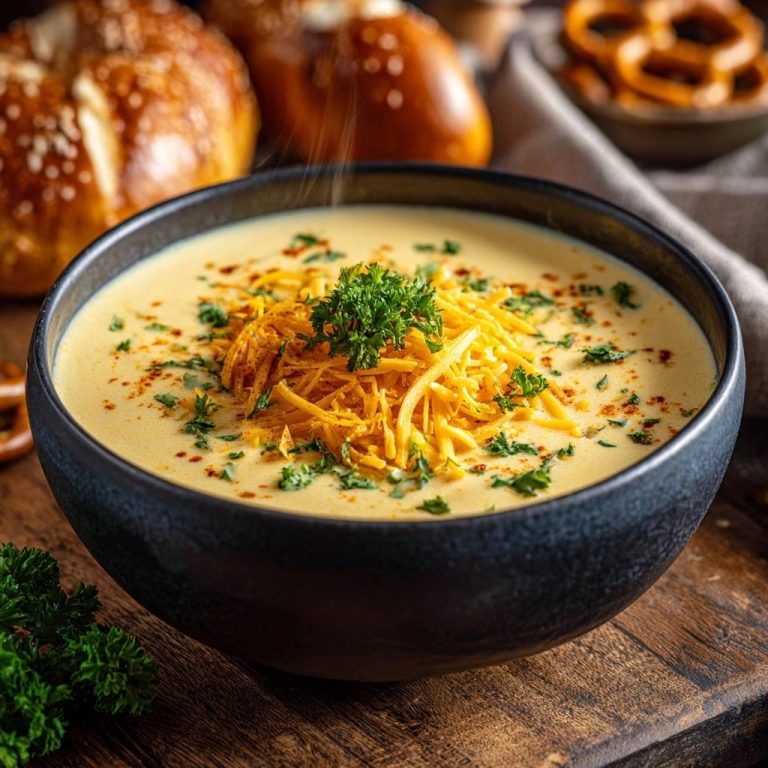 Cremige Cheddar-Käsesuppe in einer dunklen Schüssel, garniert mit geriebenem Käse und frischer Petersilie, Nahaufnahme.