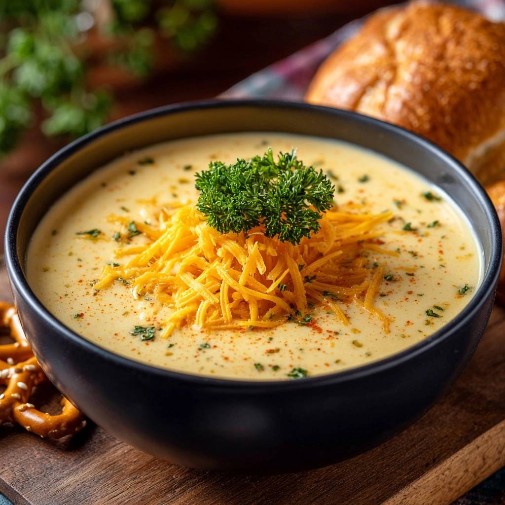 Cremige Cheddar Kaesesuppe Serviert 1 Cremige Cheddar-Käsesuppe serviert in einer schwarzen Schüssel, garniert mit geriebenem Cheddar-Käse und frischer Petersilie. Der cremige Genuss.