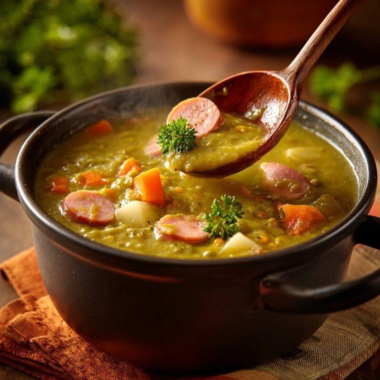 Cremige Erbsensuppe mit Würstchen in Nahaufnahme, serviert mit einem Holzlöffel, der die dampfende Suppe zeigt und mit Petersilie garniert ist.