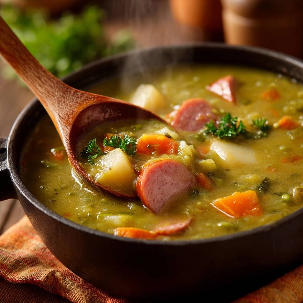 Cremige Erbsensuppe Mit Wrstchen Nahaufnahme Mit Lffel 1 Cremige Erbsensuppe mit Würstchen in Nahaufnahme: Der Löffel zeigt die cremige Konsistenz und die köstliche Einlage.