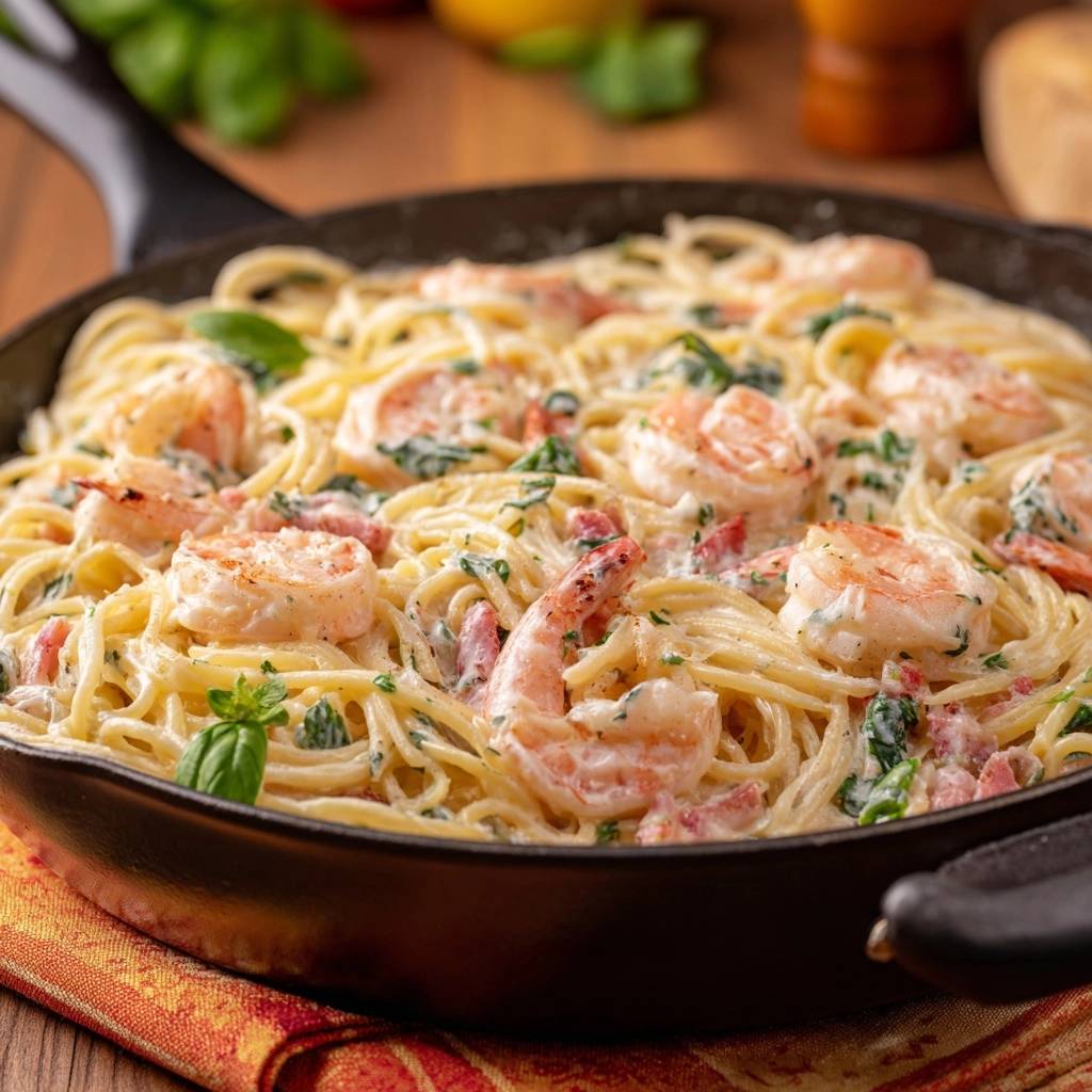 Cremige Garnelen Pasta Mit Speck Draufsicht 1 Cremige Garnelen-Pasta mit Speck, in einer Pfanne serviert, mit frischen Kräutern garniert und mit Speckstückchen verfeinert.
