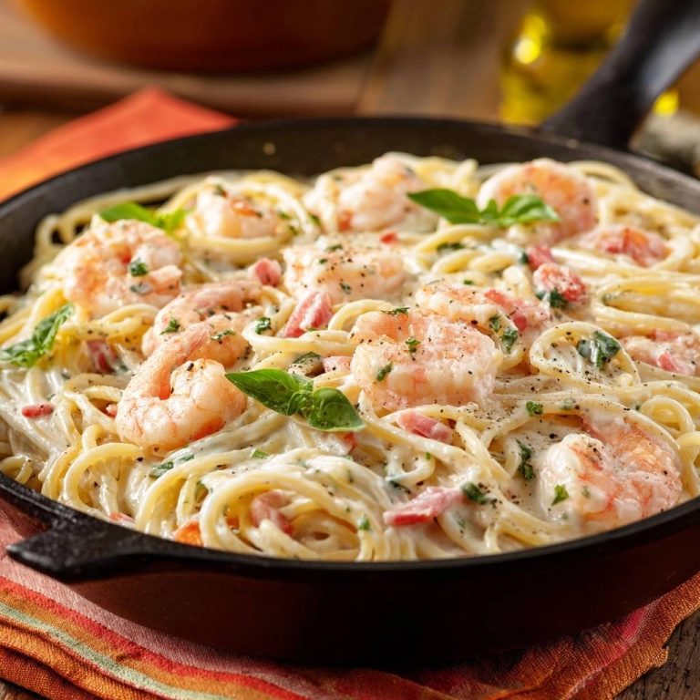 Cremige Garnelen-Pasta mit Speck präsentiert sich hier in einer appetitlichen Draufsicht, garniert mit frischen Kräutern und köstlichen Garnelen.