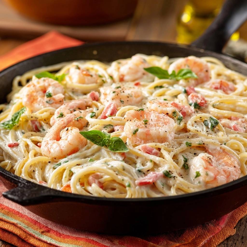 Cremige Garnelen-Pasta mit Speck präsentiert sich hier in einer appetitlichen Draufsicht, garniert mit frischen Kräutern und köstlichen Garnelen.