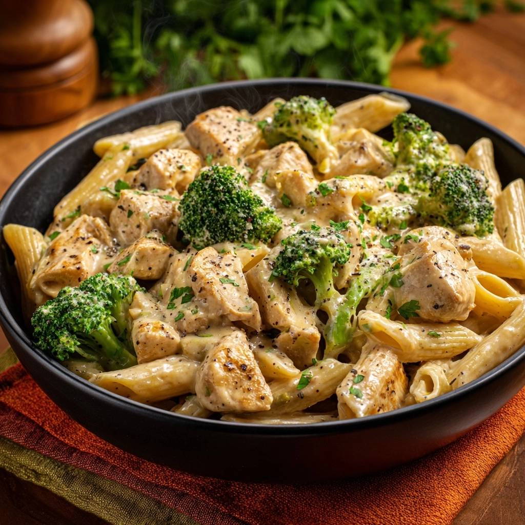 Cremige Hahnchen Brokkoli Penne Nahaufnahme 1 Cremige Hähnchen-Brokkoli-Penne in Nahaufnahme, dampfend serviert mit knusprigen Hähnchenstücken und frischem Brokkoli in cremiger Soße.