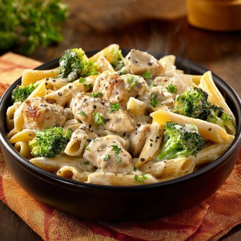 Cremige Hähnchen-Brokkoli-Penne in einer Nahaufnahme, serviert in einer schwarzen Schüssel mit dampfender cremiger Sauce.