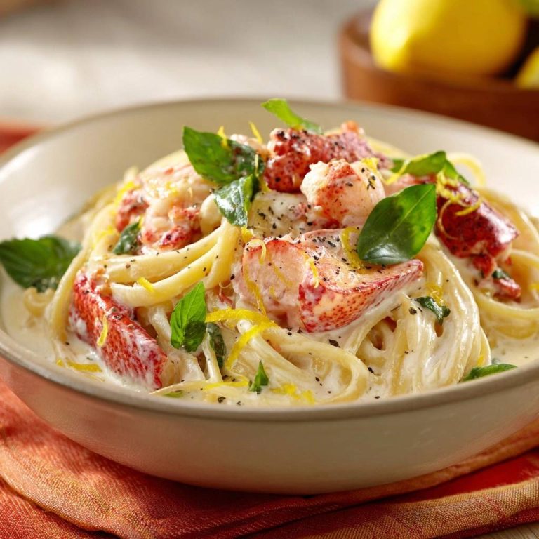 Cremige Hummer-Linguine mit Zitrone in einer Nahaufnahme, die die frischen Zutaten und die cremige Sauce zeigt, garniert mit Basilikum.