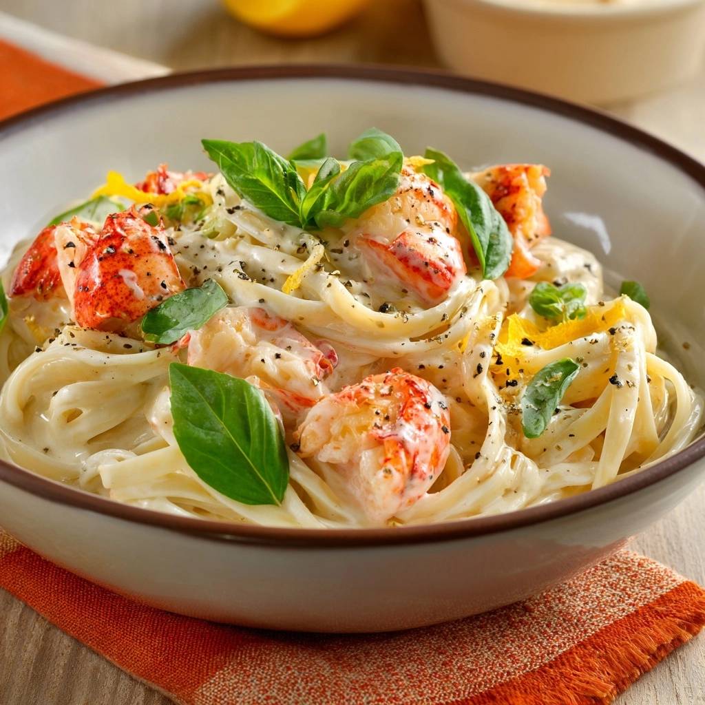 Cremige Hummer Linguine Mit Zitrone Serviert 1 Cremige Hummer-Linguine mit Zitrone serviert in einer Schüssel, garniert mit frischem Basilikum und Zitronenschale. Ein köstliches 30-Minuten-Gericht.