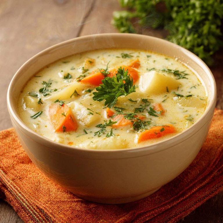 Cremige Kartoffel-Karotten-Suppe in einer Nahaufnahme, serviert in einer cremefarbenen Schüssel, mit frischen Kräutern garniert und mit Dampf versehen.