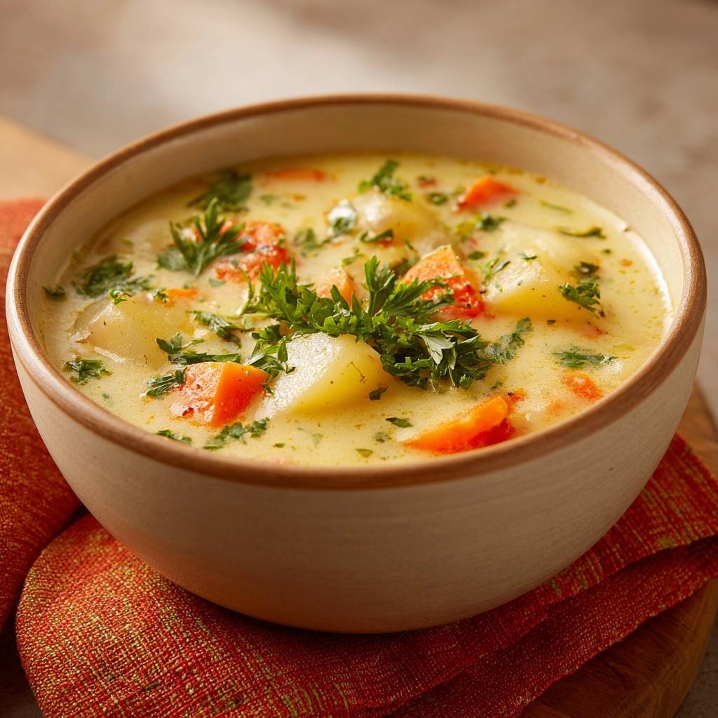 Cremige Kartoffel Karotten Suppe Serviert 1 Cremige Kartoffel-Karotten-Suppe in einer rustikalen Schüssel serviert. Die cremig-gelbe Suppe ist mit Karotten und Kräutern garniert.