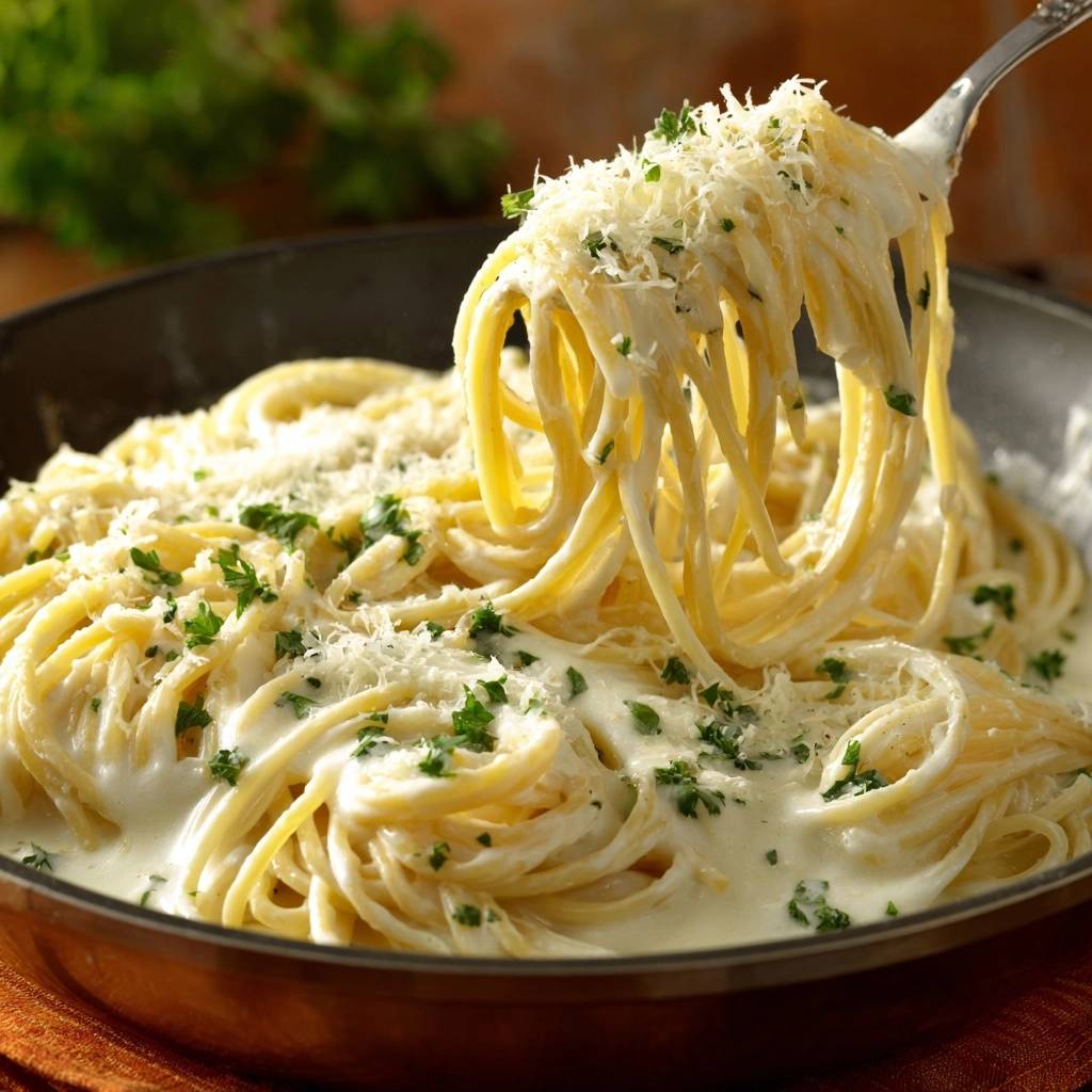 Cremige Parmesan Spaghetti Auf Gabel Gehoben 1 Cremige Parmesan-Spaghetti, die auf einer Gabel gehoben werden, um die cremige Sauce und den geriebenen Käse zu zeigen.
