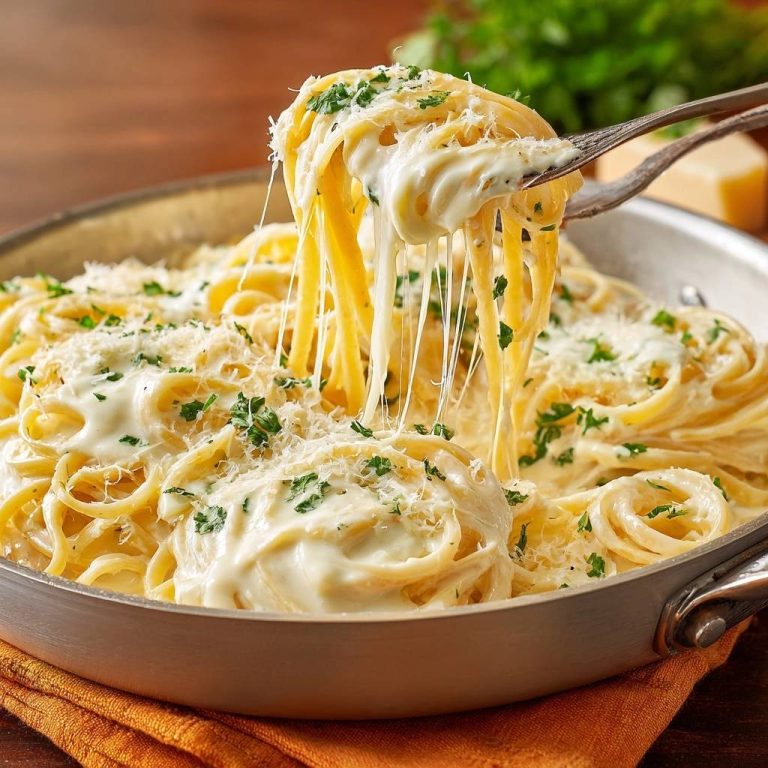 Cremige Parmesan-Spaghetti mit cremigem Käse, der sich beim Abheben mit der Gabel zieht. Auf dem Teller mit frischer Petersilie garniert.