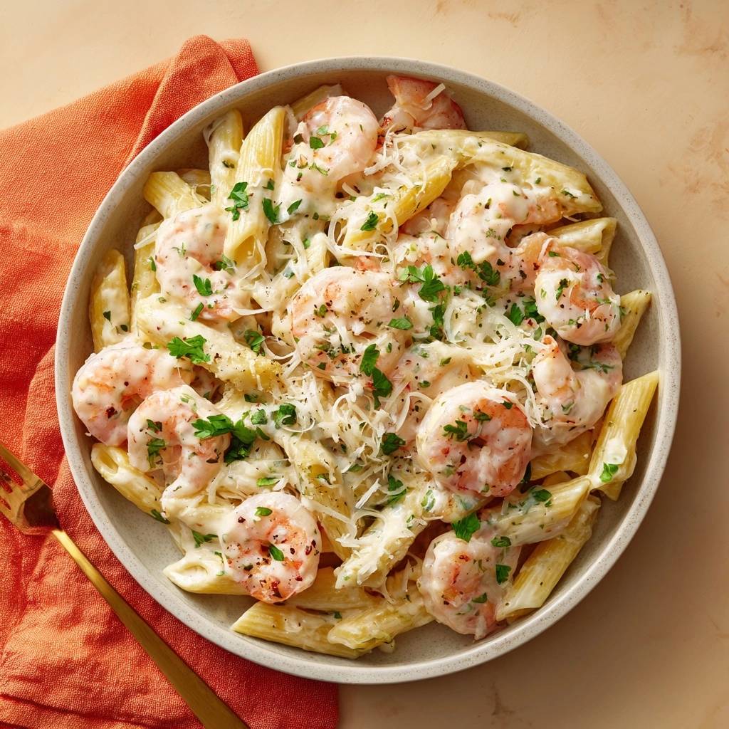 Cremige Penne Mit Garnelen Draufsicht 1 Cremige Penne mit Garnelen in einer Schüssel, serviert mit frischer Petersilie und geriebenem Käse, Blick von oben.