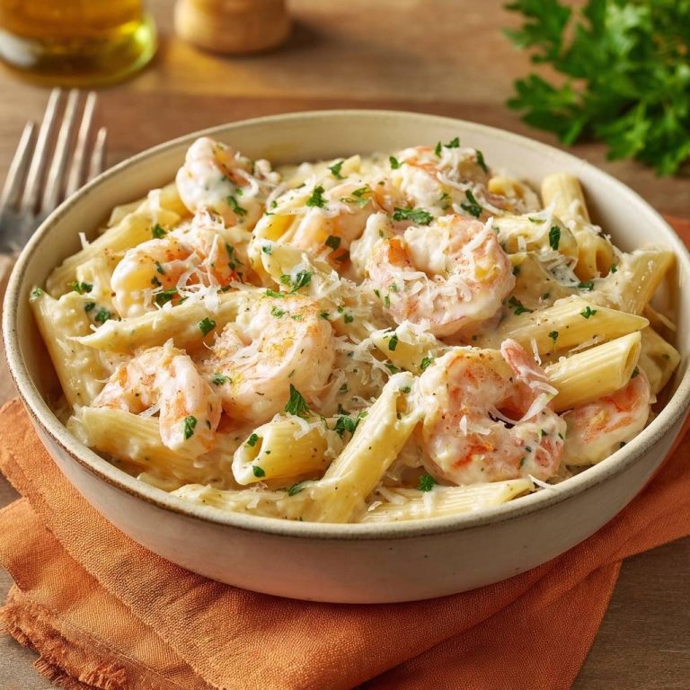 Cremige Penne mit Garnelen, serviert in einer rustikalen Schüssel, garniert mit frischer Petersilie und geriebenem Käse.