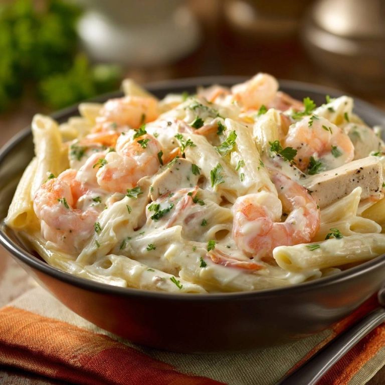 Cremige Penne mit Garnelen und Hähnchen in einer Nahaufnahme, serviert in einer Schüssel, garniert mit frischer Petersilie.