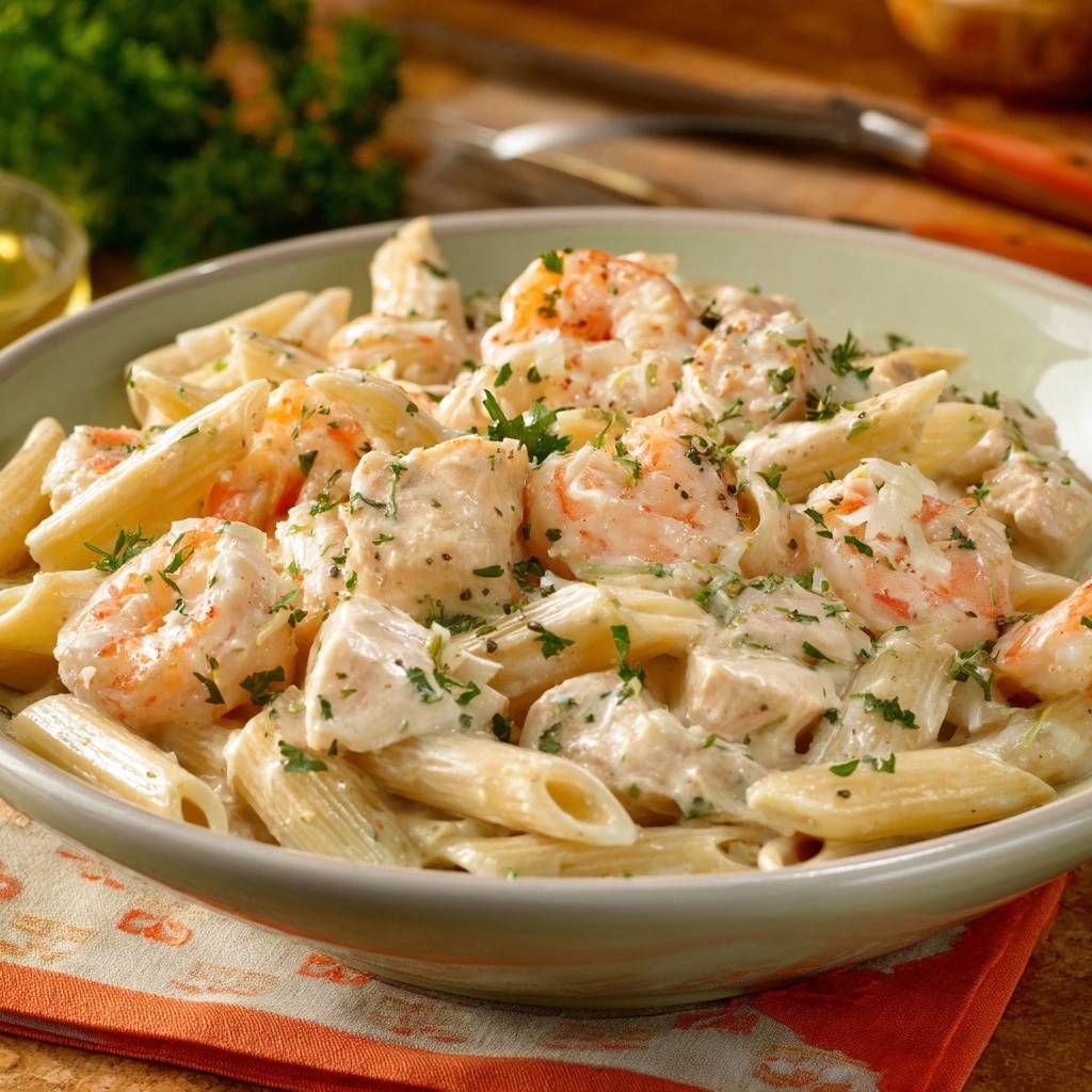 Cremige Penne Mit Garnelen Und Haehnchen Serviert 1 Cremige Penne mit Garnelen und Hähnchen, serviert in einer Schüssel, garniert mit frischer Petersilie und einer cremigen Sauce.