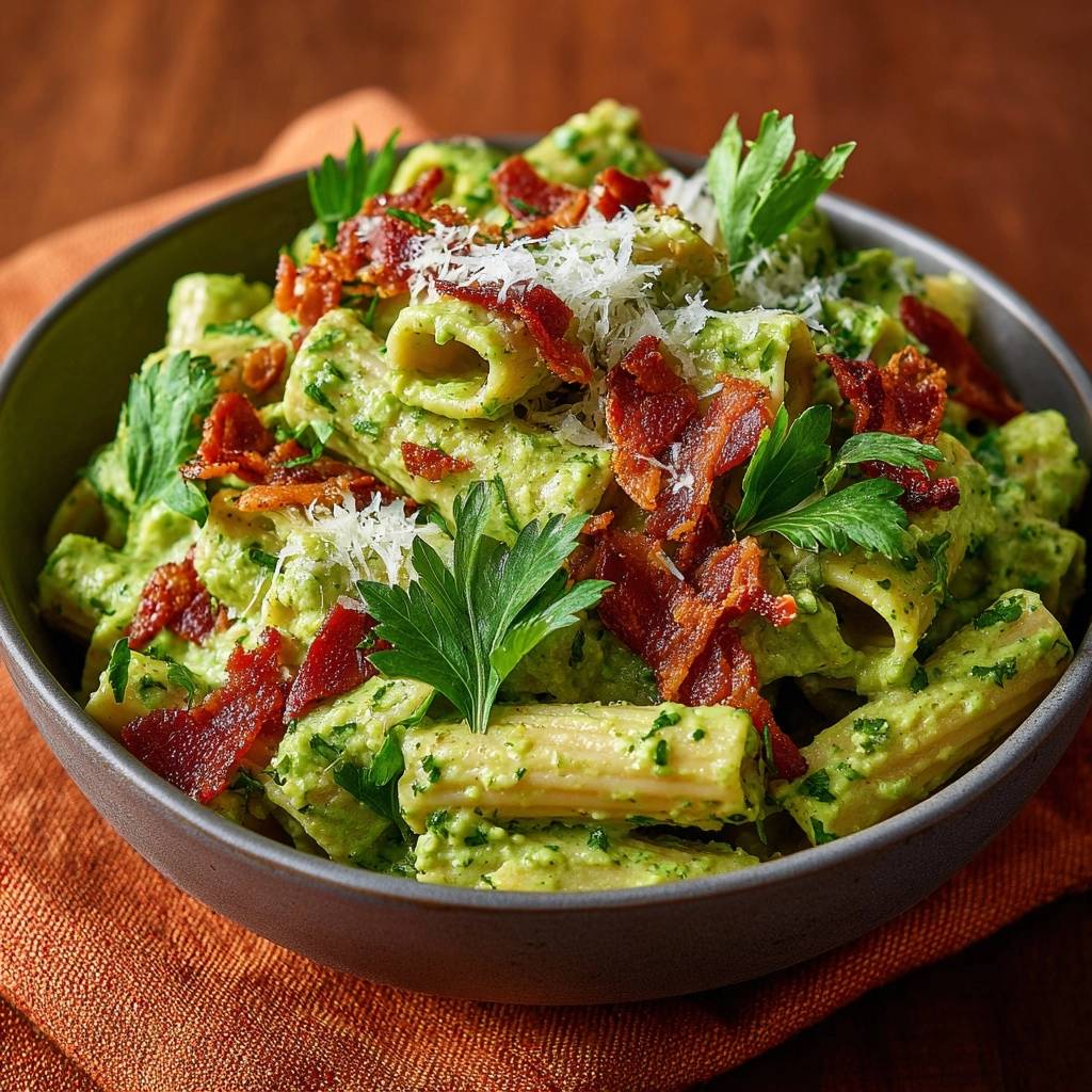 Cremige Pesto Penne Knusprigen Bacon Draufsicht 1 Cremige Pesto-Penne mit knusprigen Champignons, garniert mit knusprigem Speck und frischer Petersilie, aus der Draufsicht in einer Schüssel serviert.