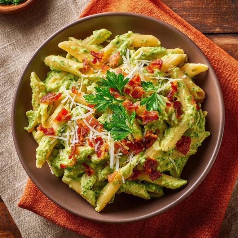 Cremige Pesto-Penne mit knusprigen Champignons von oben: Ein Teller Pasta mit cremiger Pesto-Soße, knusprigem Speck und geriebenem Käse.