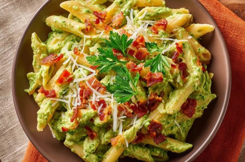 Penne mit Pesto und Speck