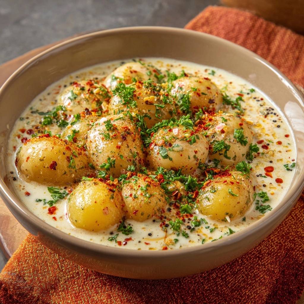Cremige Petersilienkartoffeln Draufsicht Serviert 1 Cremige Petersilienkartoffeln, serviert in einer Schüssel, von oben betrachtet. Die cremige Soße bedeckt die kleinen Kartoffeln, die mit frischer Petersilie garniert sind.