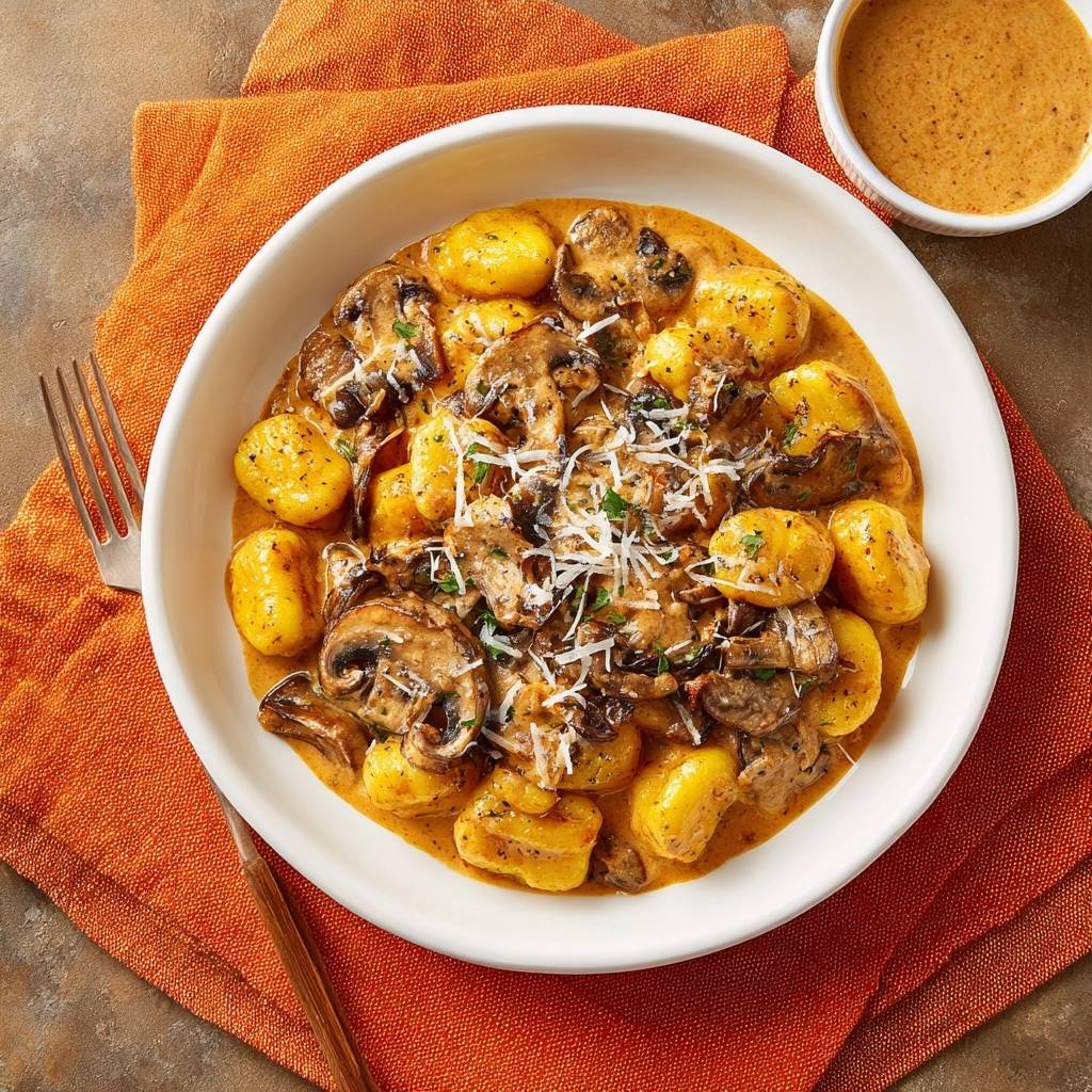 Cremige Pilz Gnocchi Draufsicht Serviert 1 Cremige Pilz-Gnocchi serviert in einer weißen Schüssel. Gnocchi mit Pilzen und einer cremigen Soße, garniert mit Käse.