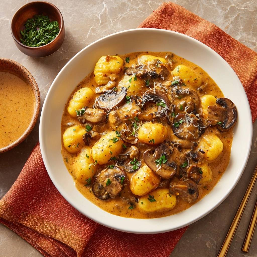 Cremige Pilz-Gnocchi in cremiger Sauce, serviert in einer weißen Schüssel von oben, mit frischer Petersilie garniert.