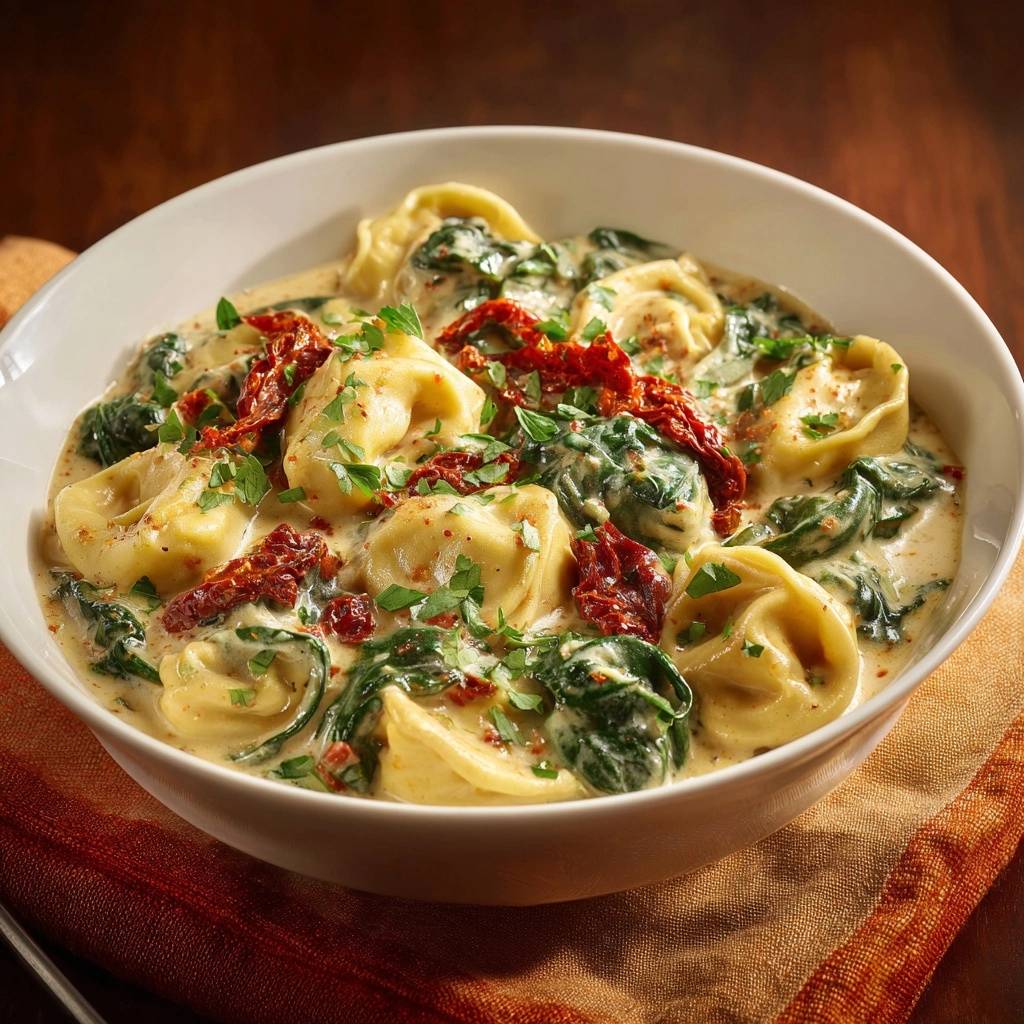Cremige Ravioli Mit Spinat Tomaten Draufsicht 1 Cremige Ravioli mit Spinat & Tomaten, serviert in einer Schüssel. Die cremige Sauce umschließt die Tortellini, verfeinert mit sonnengetrockneten Tomaten.