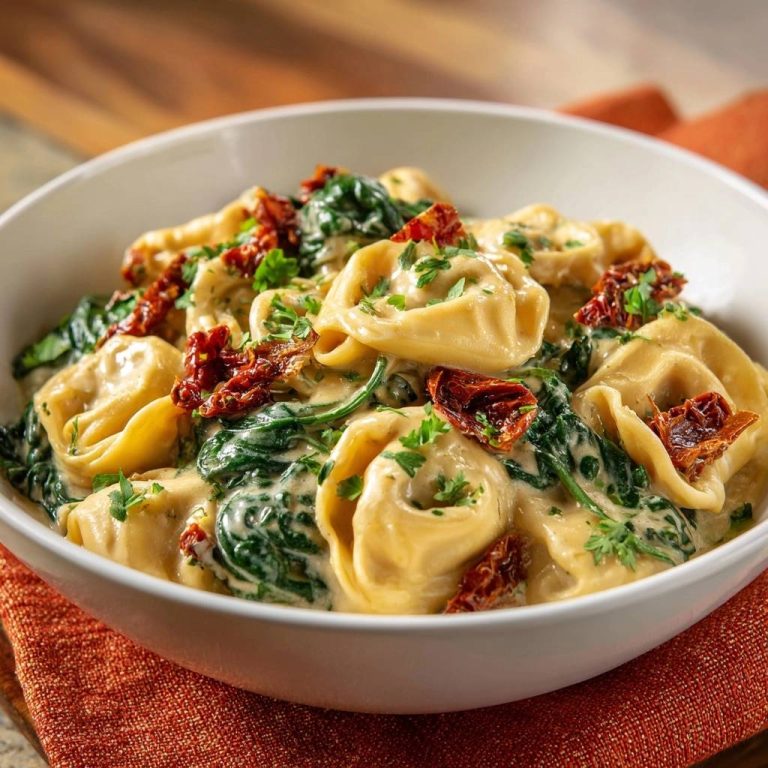 Cremige Ravioli mit Spinat & Tomaten, serviert in einer weißen Schüssel, zeigt eine Nahaufnahme der cremigen Sauce und Zutaten.