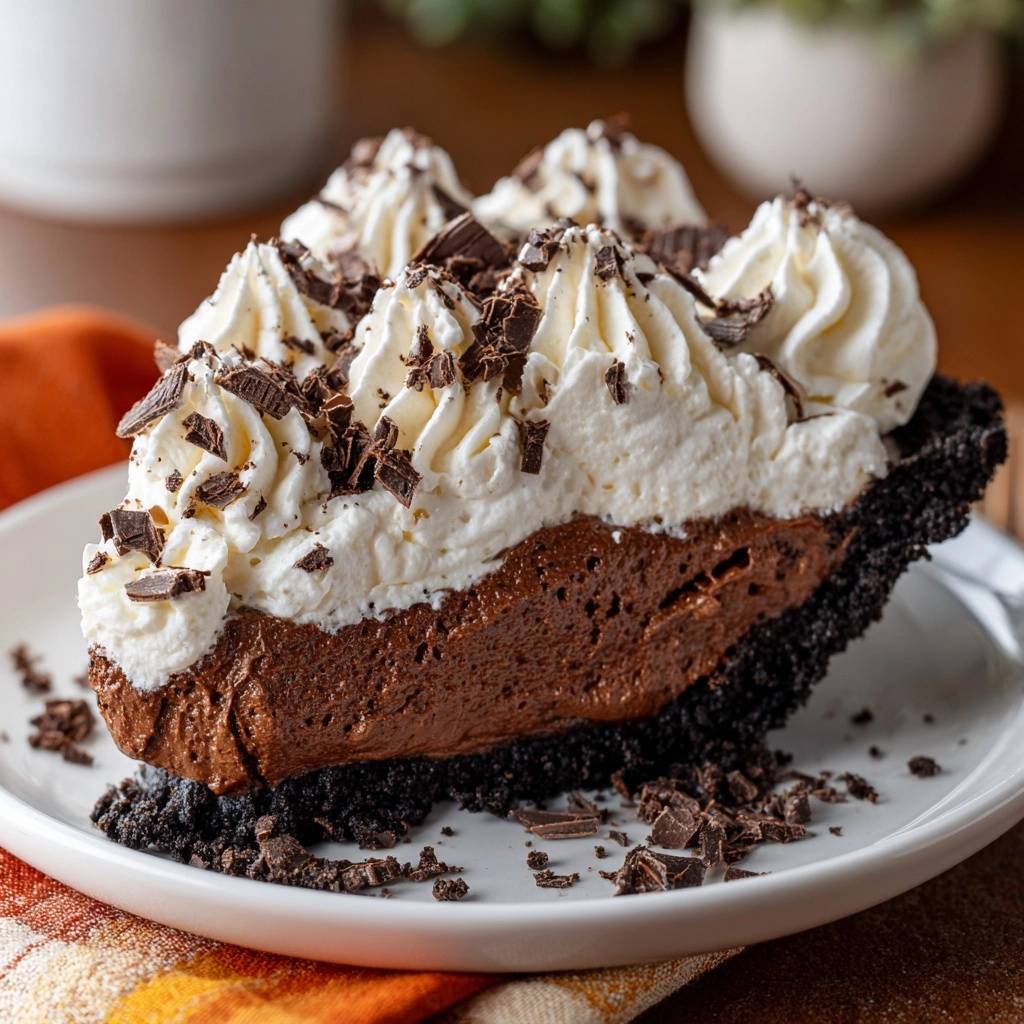 Cremige Schokoladen Mousse Torte Querschnitt 1 Cremige Schokoladen-Mousse-Torte in Nahaufnahme: Ein Stück mit reichhaltiger Schokoladenmousse und geschlagenem Sahnetopping serviert.