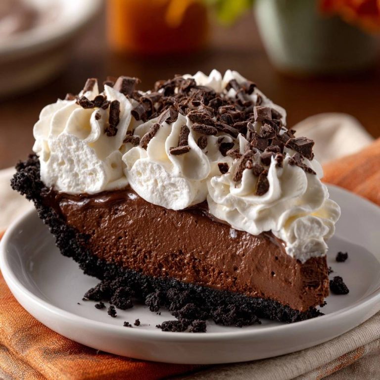 Cremige Schokoladen-Mousse-Torte: Ein köstlicher Querschnitt zeigt die cremige Mousse und den knusprigen Keksboden, serviert auf einem weißen Teller.