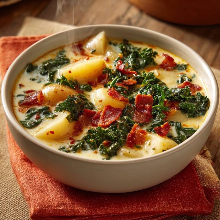 Cremige Zuppa Toscana mit Grünkohl in einer Schüssel aus nächster Nähe, mit dampfendem, cremigem Gemüse und knusprigem Speck.