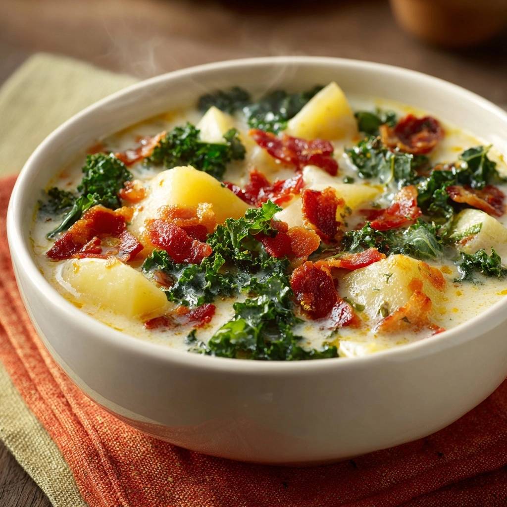 Cremige Zuppa Toscana Mit Grunkohl Serviert 1 Cremige Zuppa Toscana mit Grünkohl, serviert in einer cremefarbenen Schüssel, mit dampfendem Nebel und knusprigem Speck belegt.