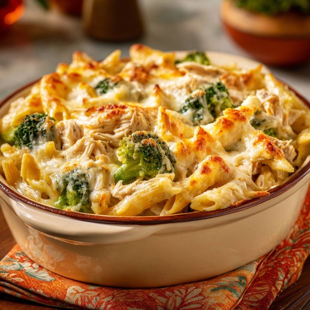 Cremiger Brokkoli Huhn Auflauf Nahaufnahme 1 Cremiger Brokkoli-Hähnchen-Auflauf in Nahaufnahme, mit geschmolzenem Käse und Brokkoli-Röschen, serviert in einer Auflaufform.
