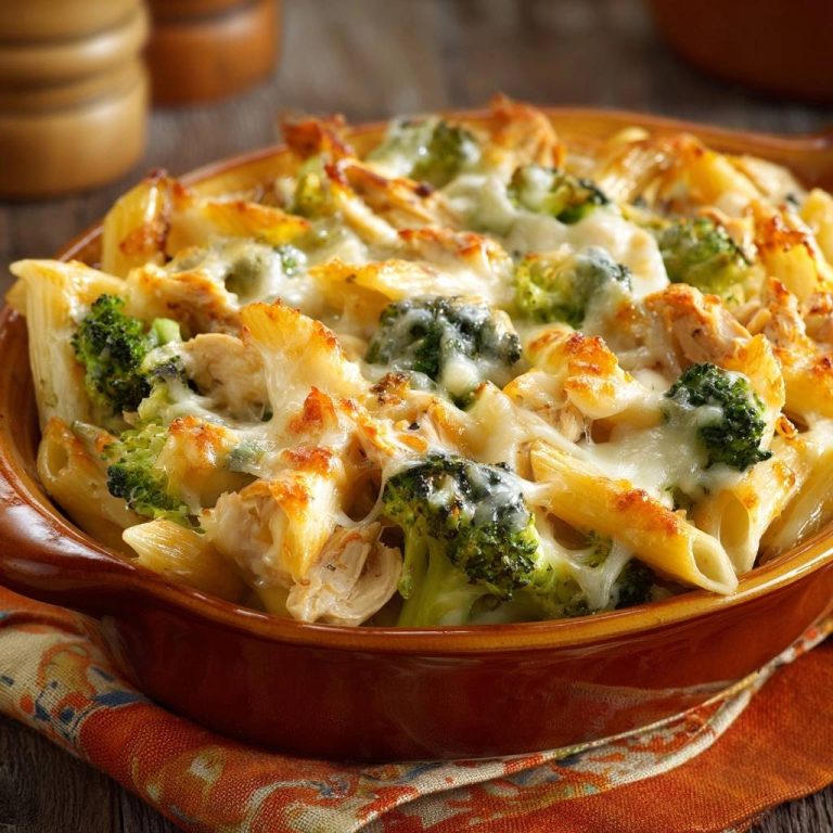 Cremiger Brokkoli-Hähnchen-Auflauf in Nahaufnahme, mit geschmolzenem Käse und dampfendem Brokkoli, serviert in einer rustikalen Auflaufform.