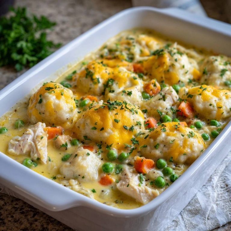 Cremiger Hähnchen-Auflauf mit Cheddar-Klößchen in einer Auflaufform, von oben betrachtet, mit saftigen Klößchen.