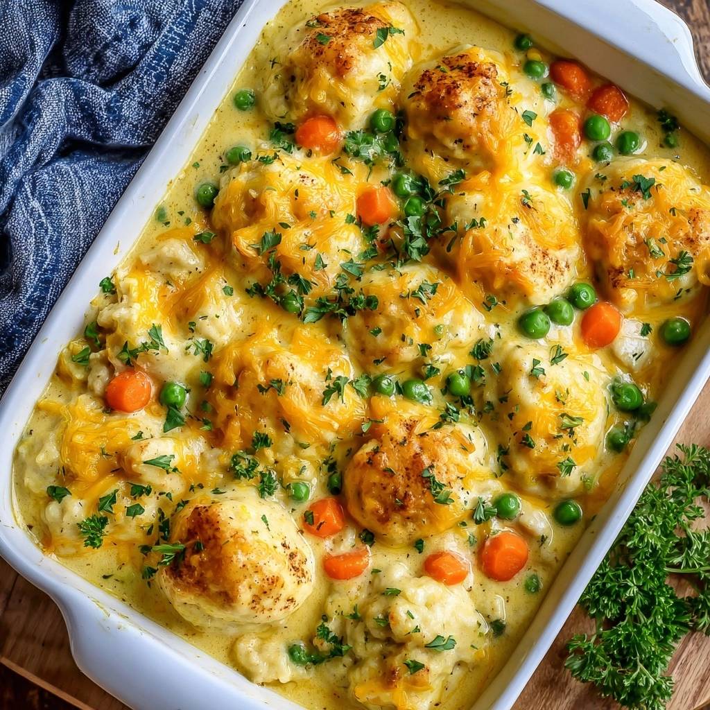 Cremiger Hahnchen Auflauf Mit Cheddar Klosschen Draufsicht 1 Cremiger Hähnchen-Auflauf mit Cheddar-Klößchen, serviert in einer Auflaufform, mit grünen Erbsen, Karotten und frischen Kräutern garniert.