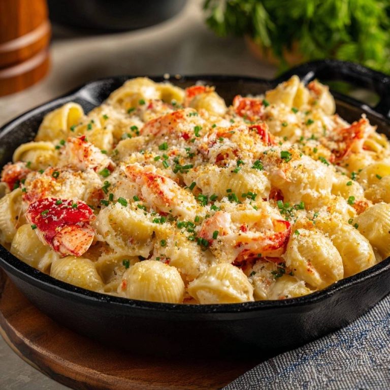 Cremiger Hummer-Mac and Cheese, serviert in einer gusseisernen Pfanne, garniert mit frischen Kräutern und knusprigen Bröseln.