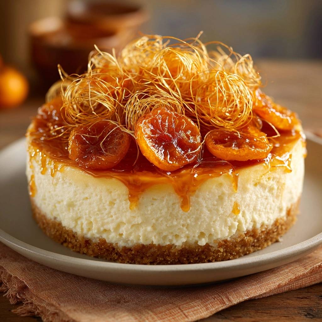 Cremiger Karamell Kumquat Cheesecake Serviert 1 Cremiger Karamell-Kumquat-Cheesecake, serviert auf einem hellen Teller, mit glasierten Kumquats und Karamellfäden garniert.