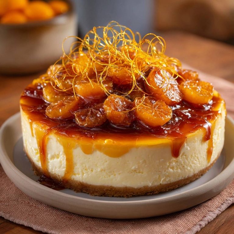 Cremiger Karamell-Kumquat-Cheesecake präsentiert auf einem Teller, mit dekadenten Karamell-Kumquats und einem kunstvollen Karamellfaden-Topping.