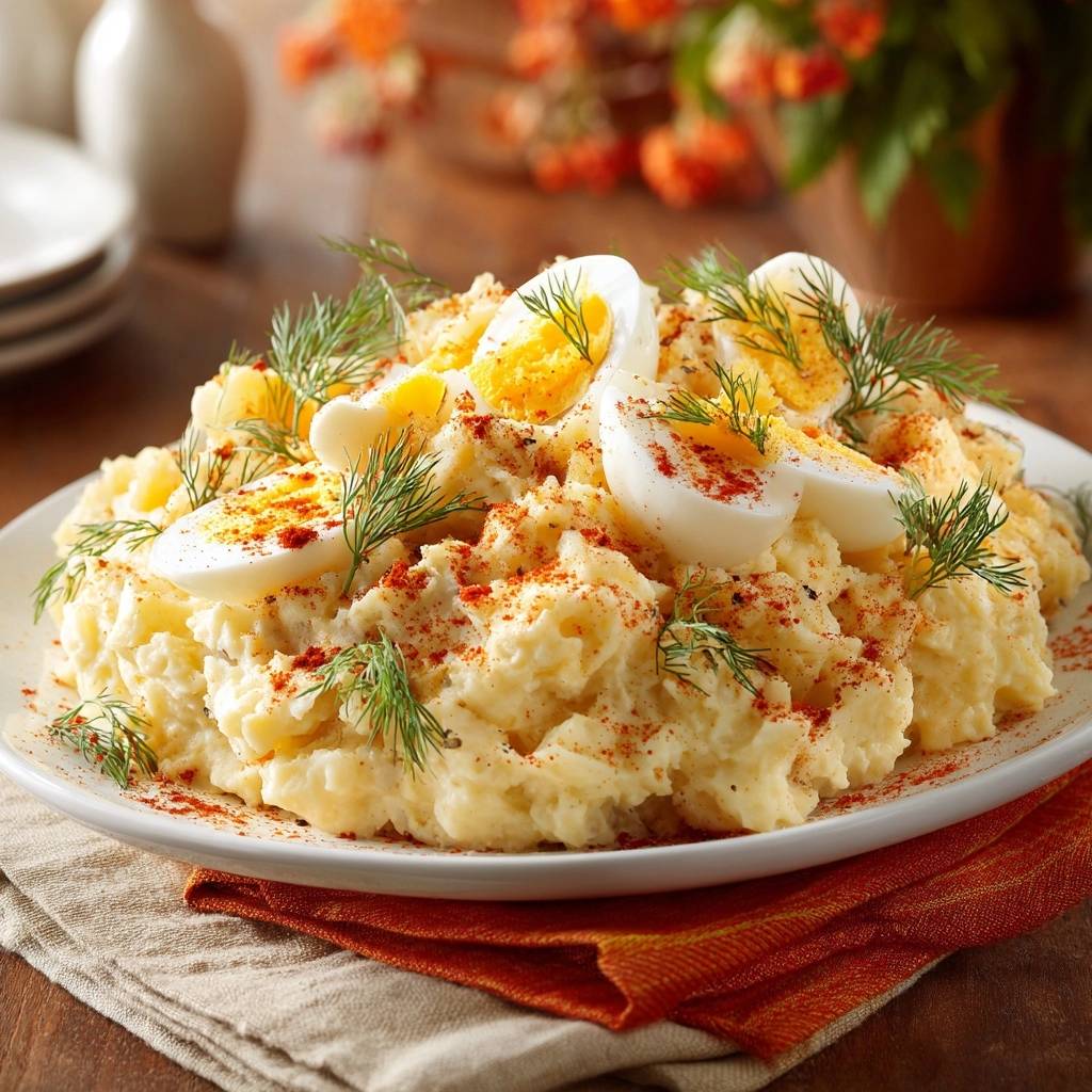Cremiger Kartoffelsalat Mit Ei Draufsicht Serviert 1 Cremiger Kartoffelsalat mit Ei, serviert auf einem weißen Teller, garniert mit frischem Dill und Paprikapulver für einen appetitlichen Genuss.