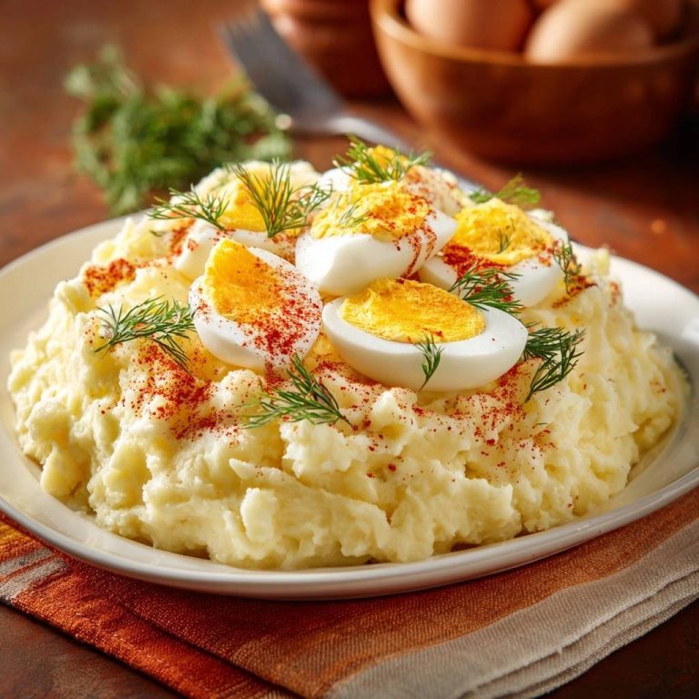 Cremiger Kartoffelsalat mit Ei, serviert auf einem weißen Teller, garniert mit frischem Dill und Paprika. Die Eier sind perfekt halbiert.
