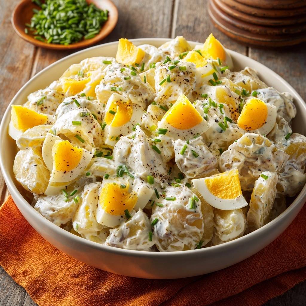 Cremiger Kartoffelsalat Mit Ei Und Petersilie Draufsicht 1 Cremiger Kartoffelsalat mit Ei und Petersilie in einer Schüssel, garniert mit frischen Kräutern und Eierspalten, von oben betrachtet.