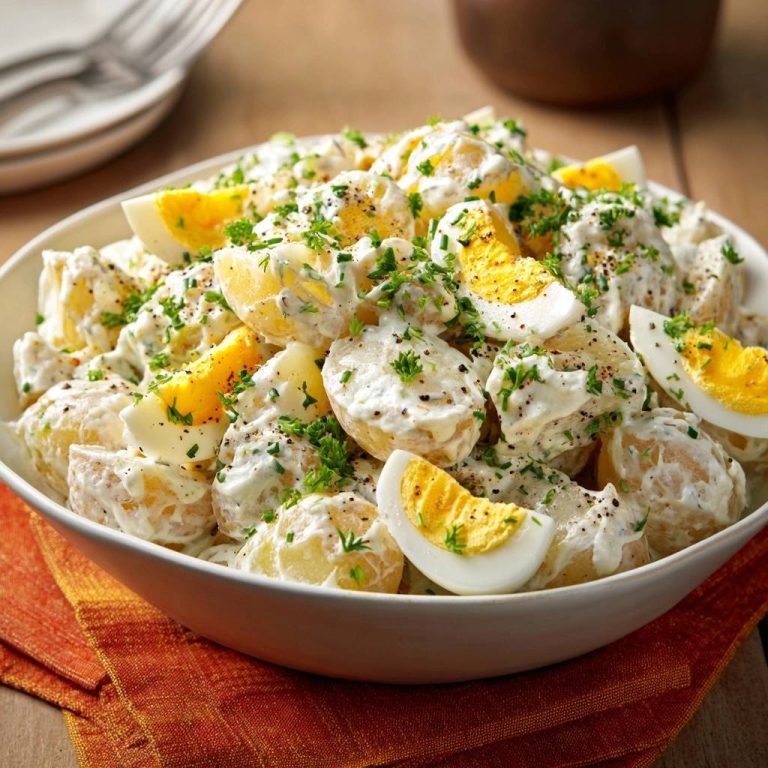 Cremiger Kartoffelsalat mit Ei und Petersilie in Nahaufnahme, garniert mit frischer Petersilie und serviert in einer weißen Schüssel.