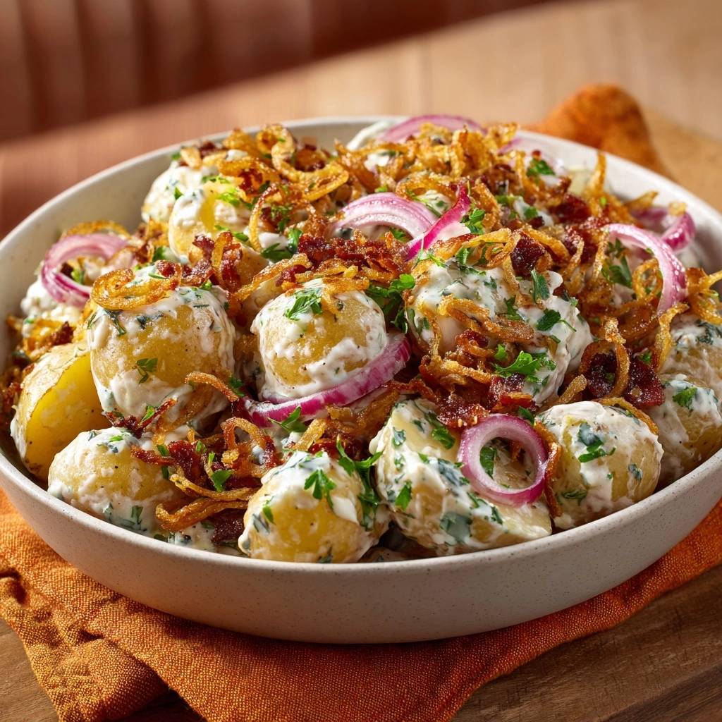 Cremiger Kartoffelsalat Mit Knusprigem Bacon Draufsicht 1 Cremiger Kartoffelsalat mit knusprigem Bacon, serviert in einer weißen Schüssel, mit knusprigen Zwiebeln, Speck und roten Zwiebelringen garniert.