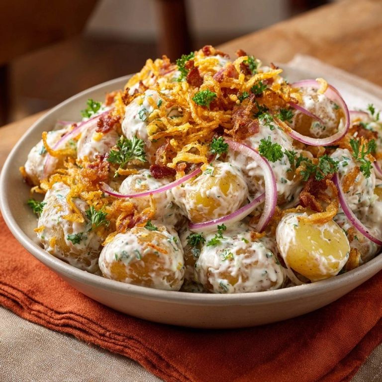 Cremiger Kartoffelsalat mit knusprigem Bacon, serviert in einer Schüssel, mit knusprigen Zwiebeln und frischer Petersilie garniert.