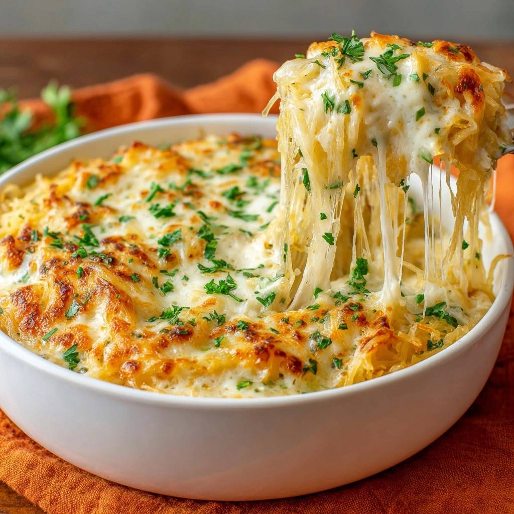 Cremiger Kase Spaghetti Kurbis Auflauf Kaese Zieht Faden 1 Cremiger Käse-Spaghetti-Kürbis-Auflauf mit geschmolzenem Käse, der lange Fäden zieht, serviert in einer weißen Auflaufform.
