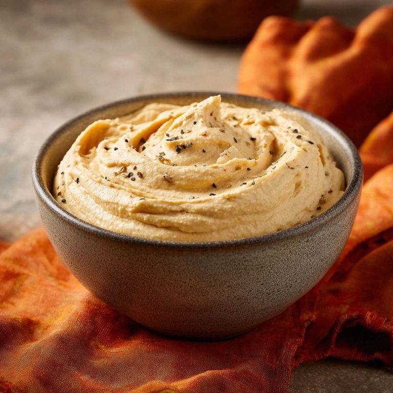 Cremiger Kürbis-Hummus in einer Schüssel. Nahaufnahme zeigt die cremige Textur des Hummus und die feinen Gewürze.