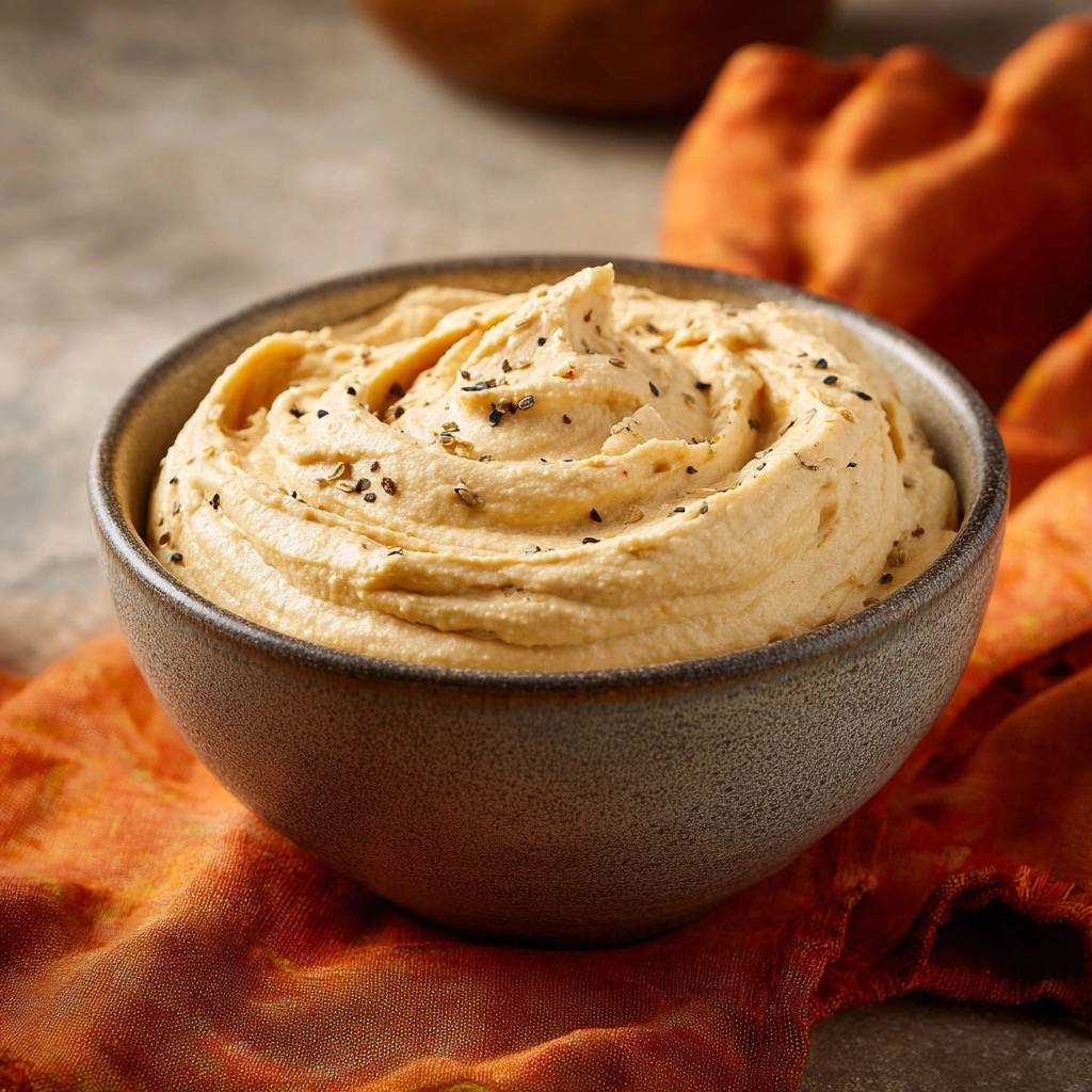 Cremiger Kürbis-Hummus in einer Schüssel. Nahaufnahme zeigt die cremige Textur des Hummus und die feinen Gewürze.