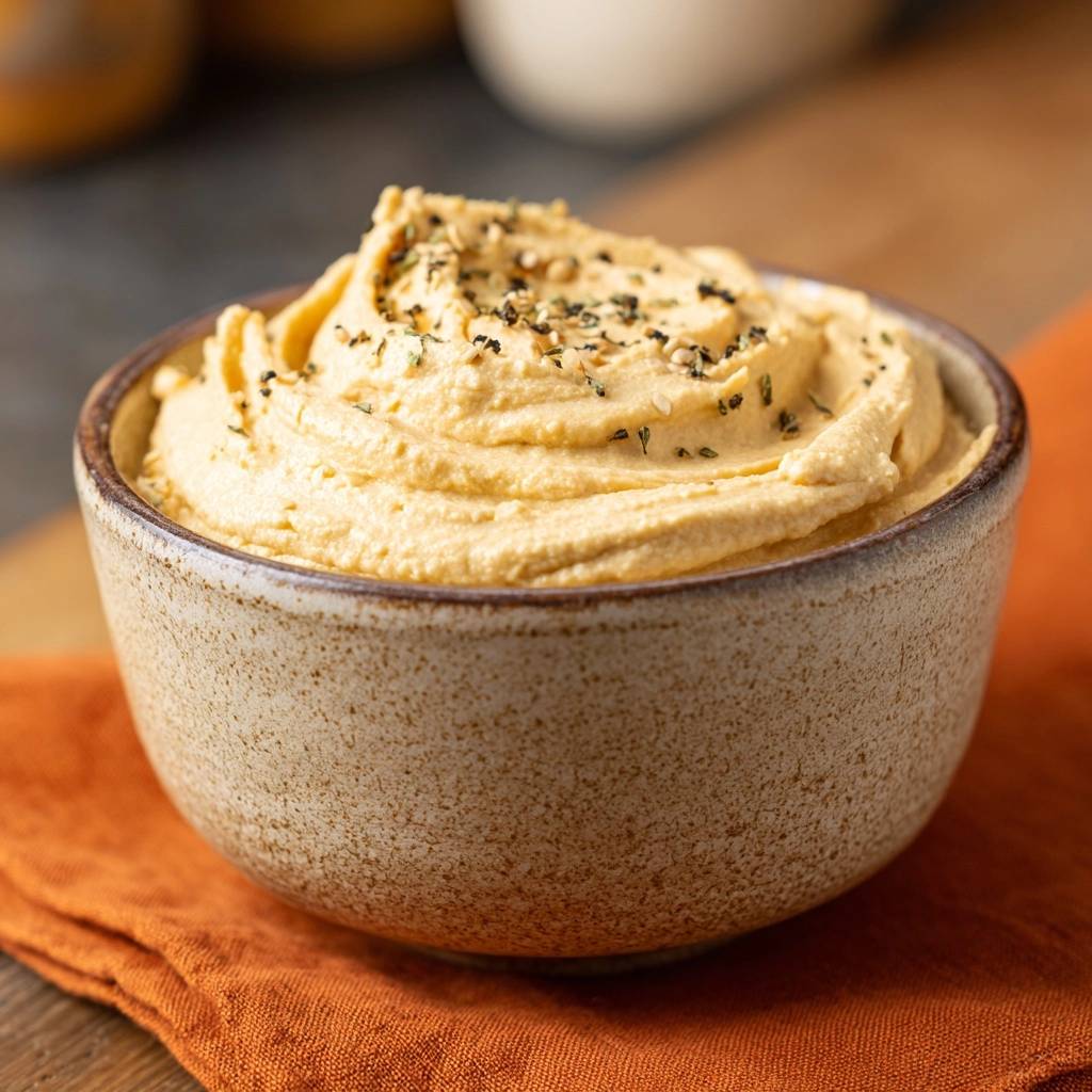 Cremiger Kurbis Hummus Nahaufnahme 1 Cremiger Kürbis-Hummus in einer rustikalen Schüssel, garniert mit Kräutern und Gewürzen. Eine Nahaufnahme zeigt die cremige Textur des Hummus.