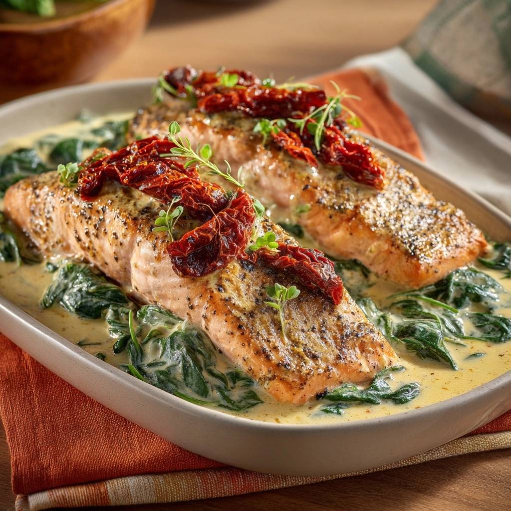 Cremiger Lachs Mit Spinat Sonnentomaten Draufsicht 1 Cremiger Lachs mit Spinat und Sonnentomaten in einer Auflaufform, serviert mit getrockneten Tomaten und frischen Kräutern von oben.